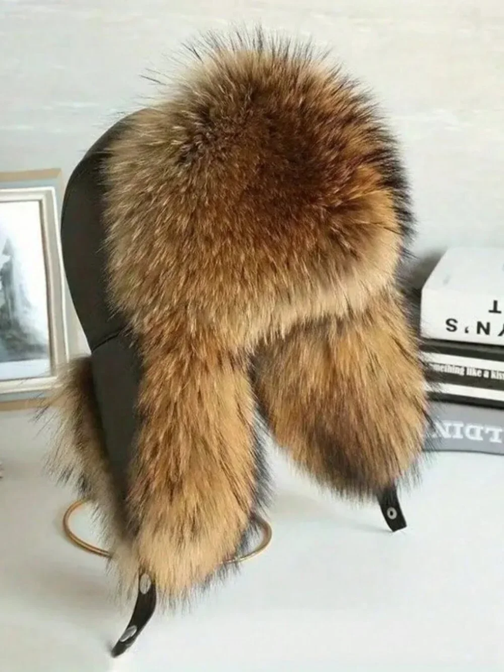 Women's black Faux leather Brown faux fur trapper hat